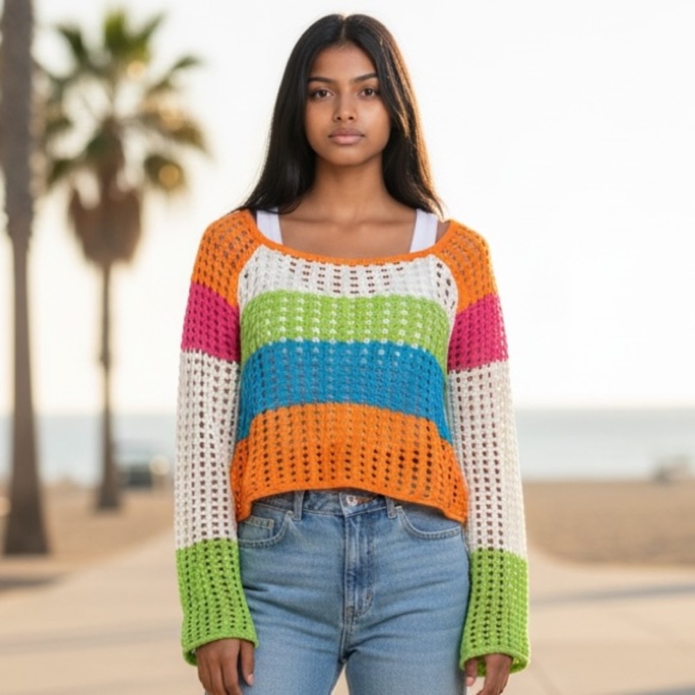 Wild Fable Rainbow Striped Crochet Cropped Long-Sleeve Sweater